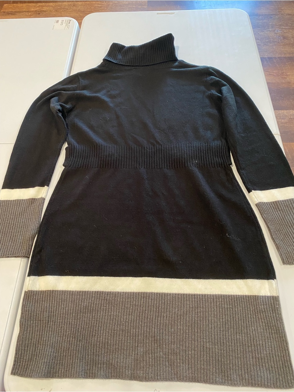 Iz Byer Black Turtleneck Sweater Dress with Cream and Taupe Bands